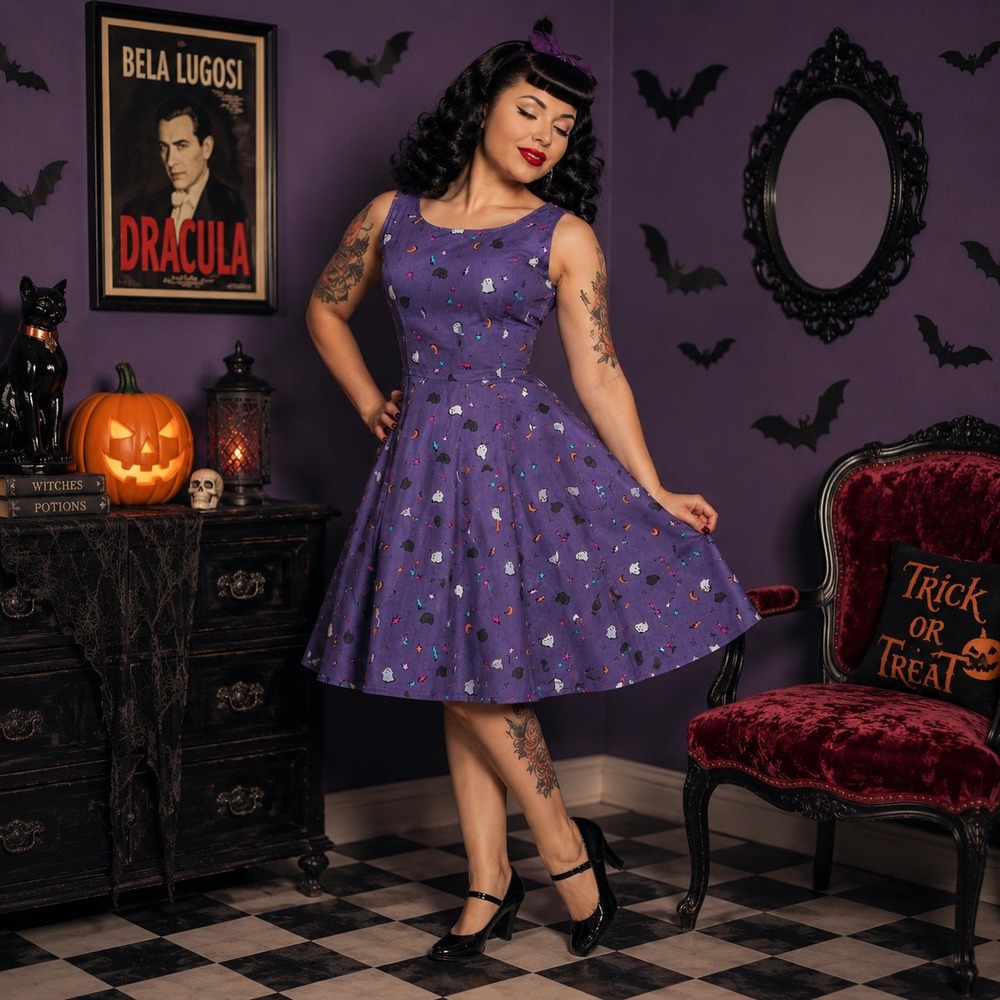 Retrolicious Halloween Mini Dress Size Small NWT Purple Fit & Flare Ghost Spooky